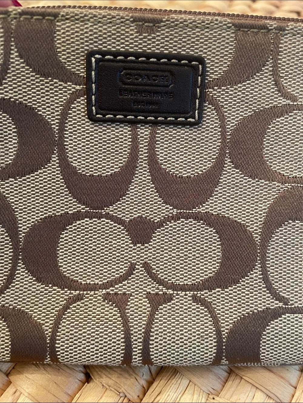Coach Brown Signature Jacquard Wristlet with Leather Strap and Hang Tag EUC